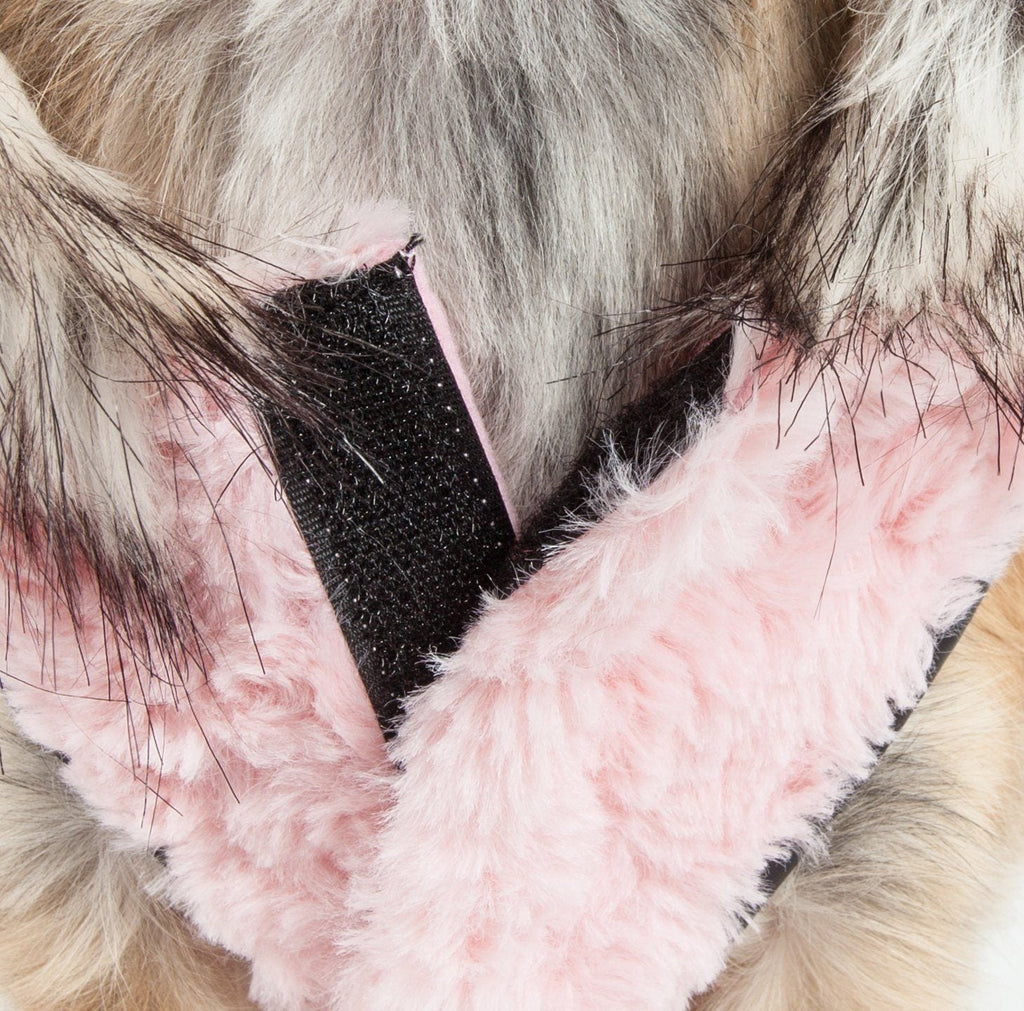 Close-up of pink plush dog coat with dark fur trim and soft fleece edge