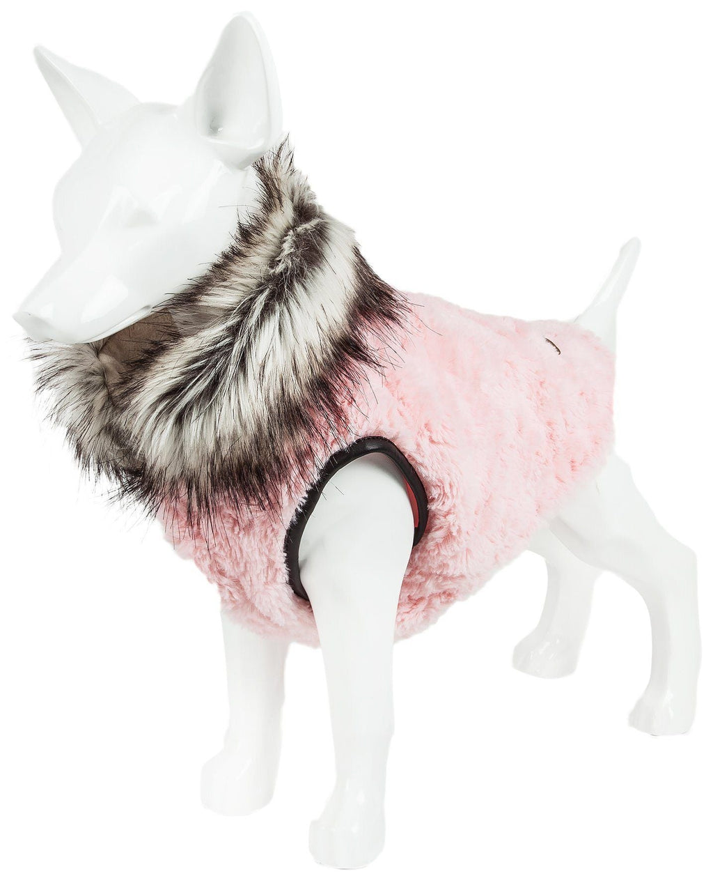 Pink plush dog coat on mannequin with faux-fur collar and black-edged leg opening