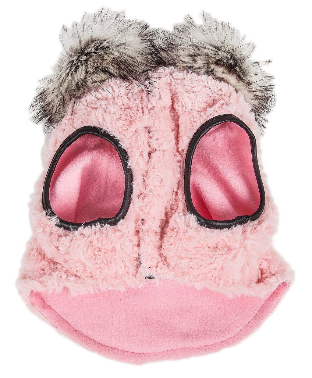 Pink plush dog coat with two black-edged leg openings and fluffy fur hood trim