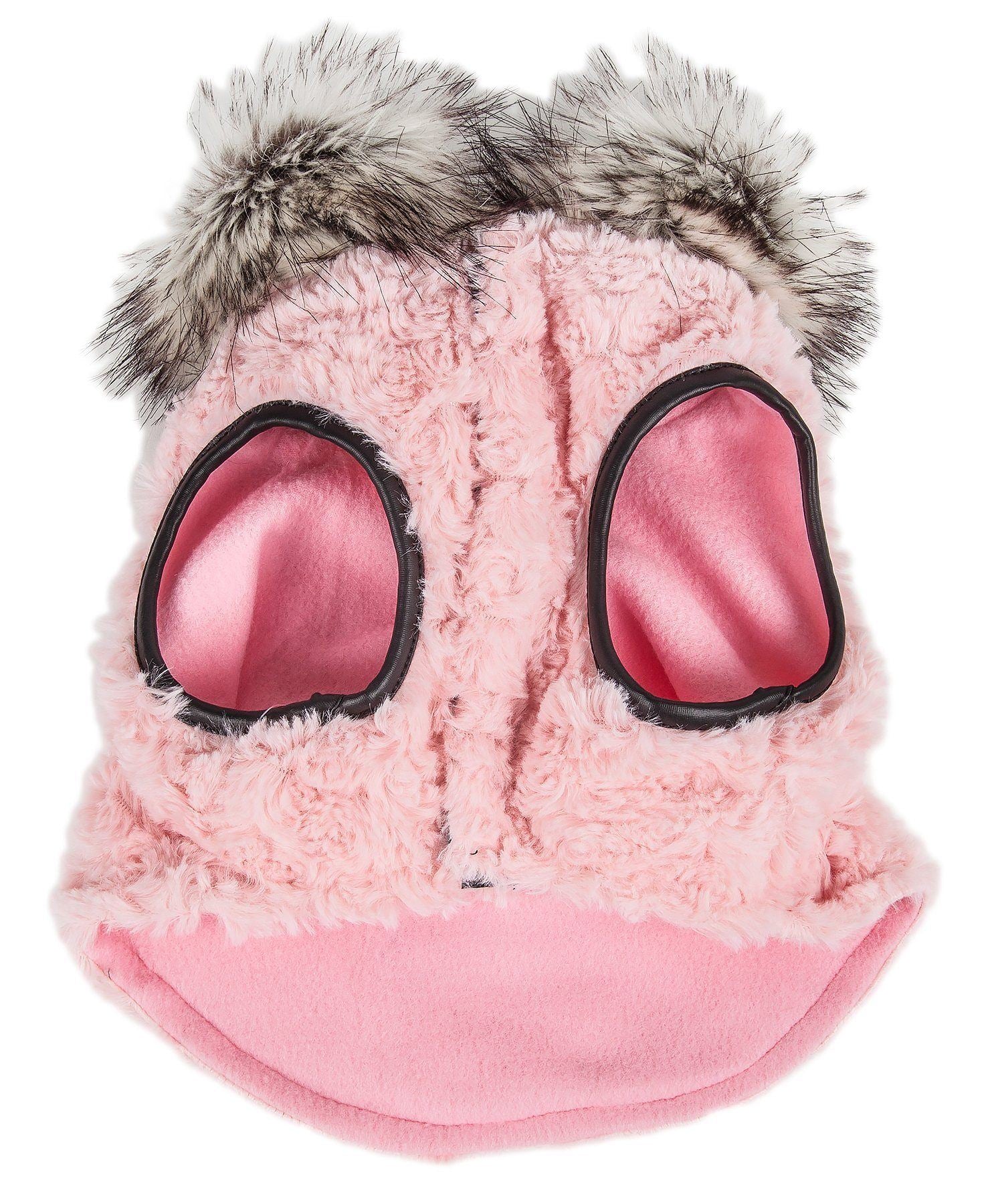 Pink plush dog coat with two black-edged leg openings and fluffy fur hood trim