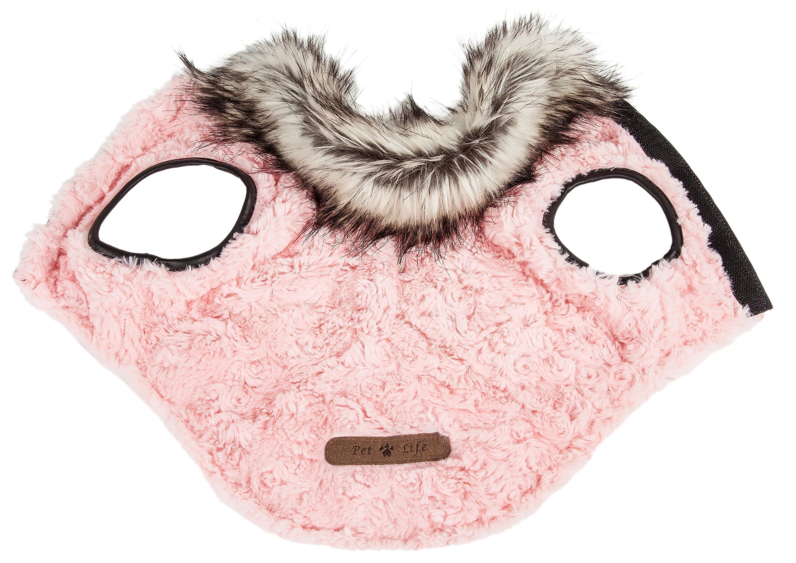 Pink plush poncho dog coat with dark faux-fur hood trim and text label