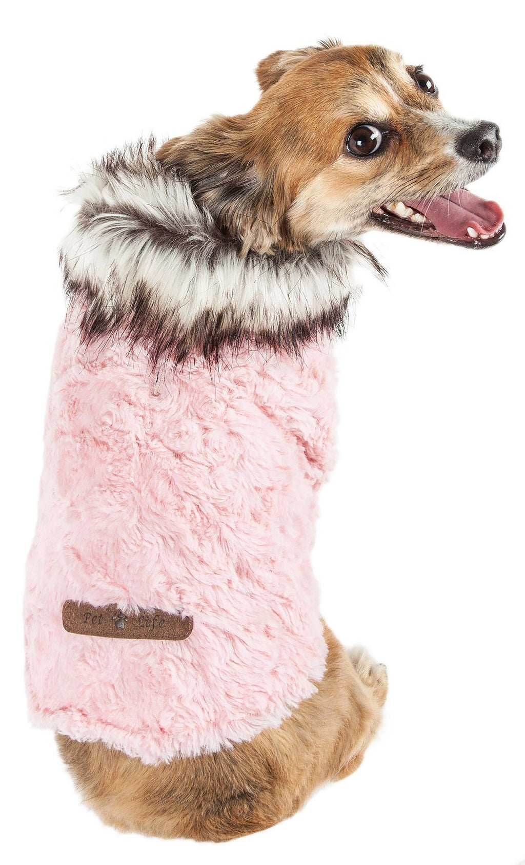 Pink plush dog coat with faux mink collar trim and front logo patch