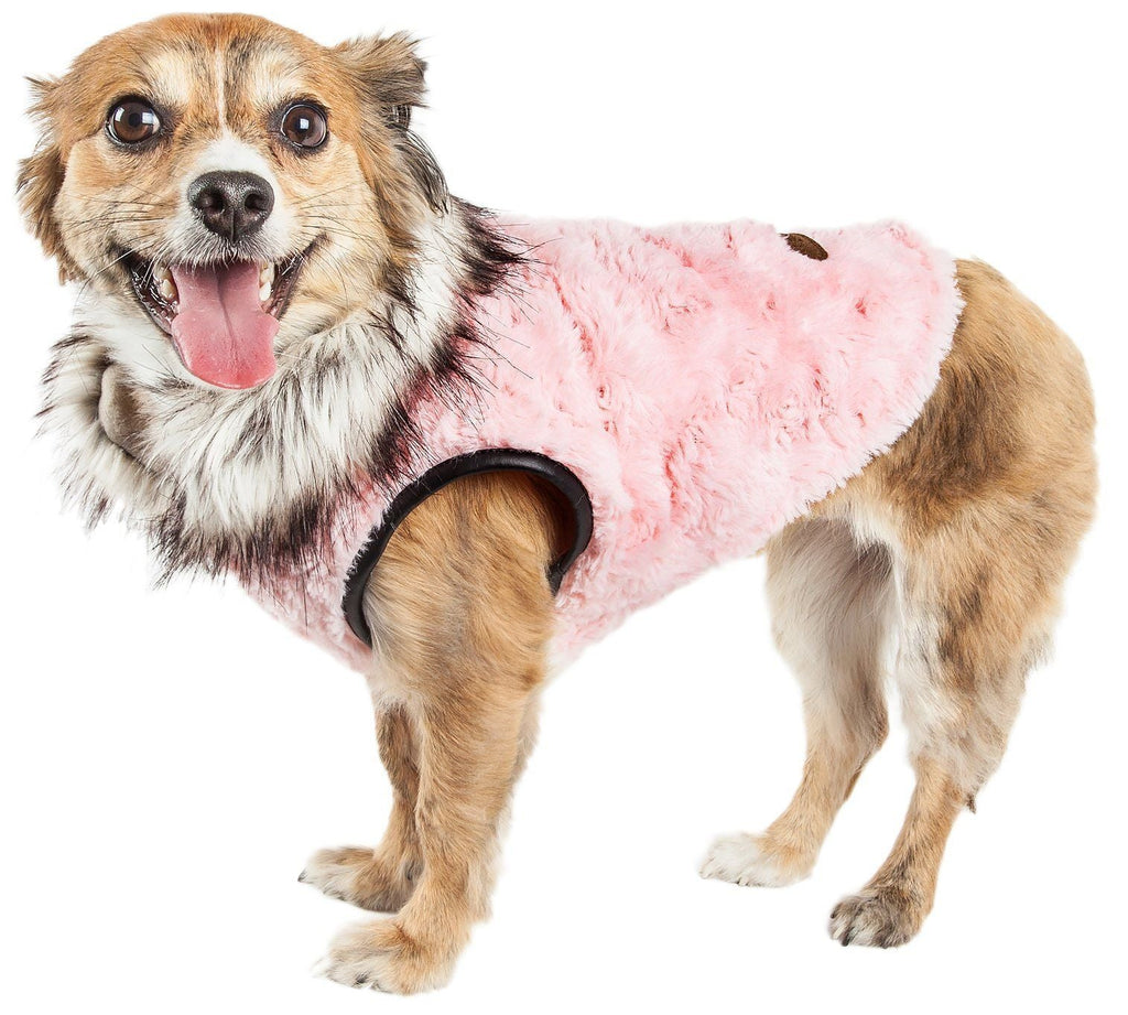 Pink plush dog coat with faux mink-style trim and front belly paw openings