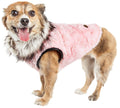 Pink plush dog coat with faux mink-style trim and front belly paw openings