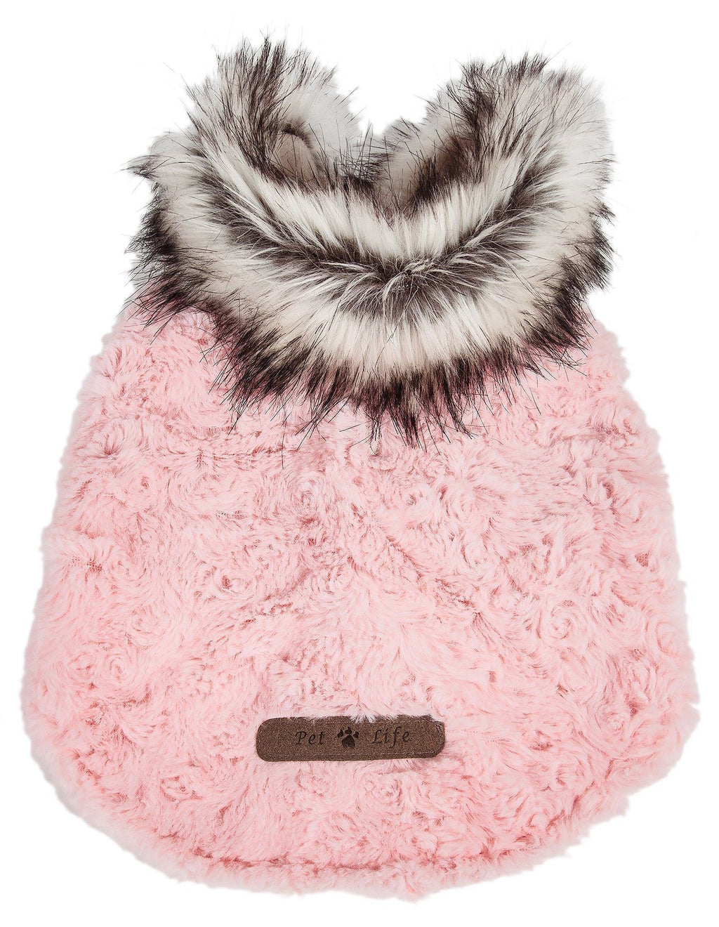 Pink plush dog coat front with dark faux-fur hood trim and text label