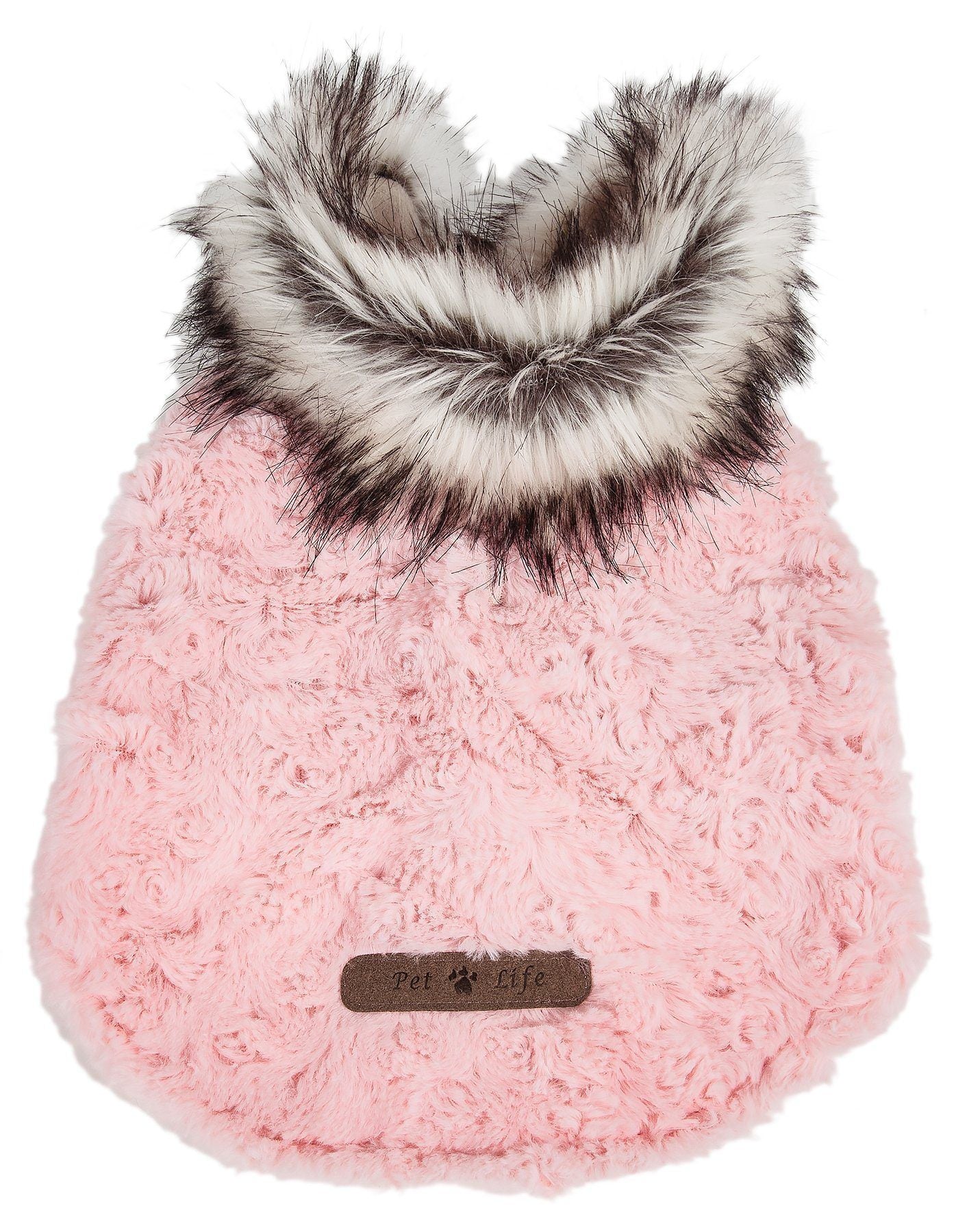 Pink plush dog coat front with dark faux-fur hood trim and text label