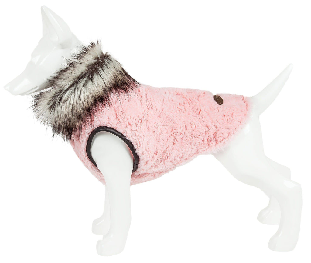 Pink plush dog coat side view with faux-fur collar trim and front leg hole