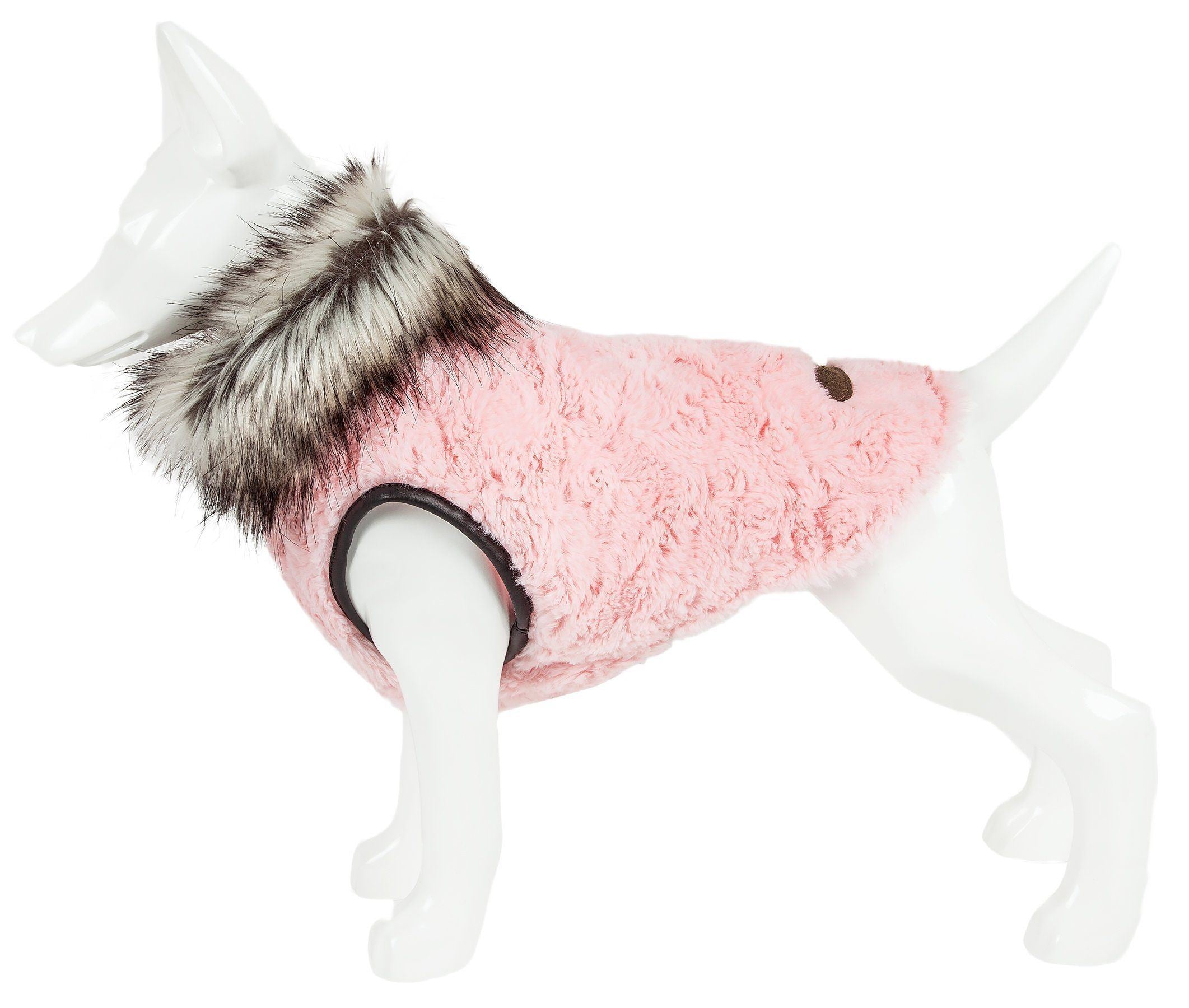 Pink plush dog coat side view with faux-fur collar trim and front leg hole