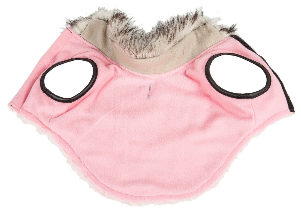 Pink dog poncho coat with two black-edged leg openings and beige inner lining