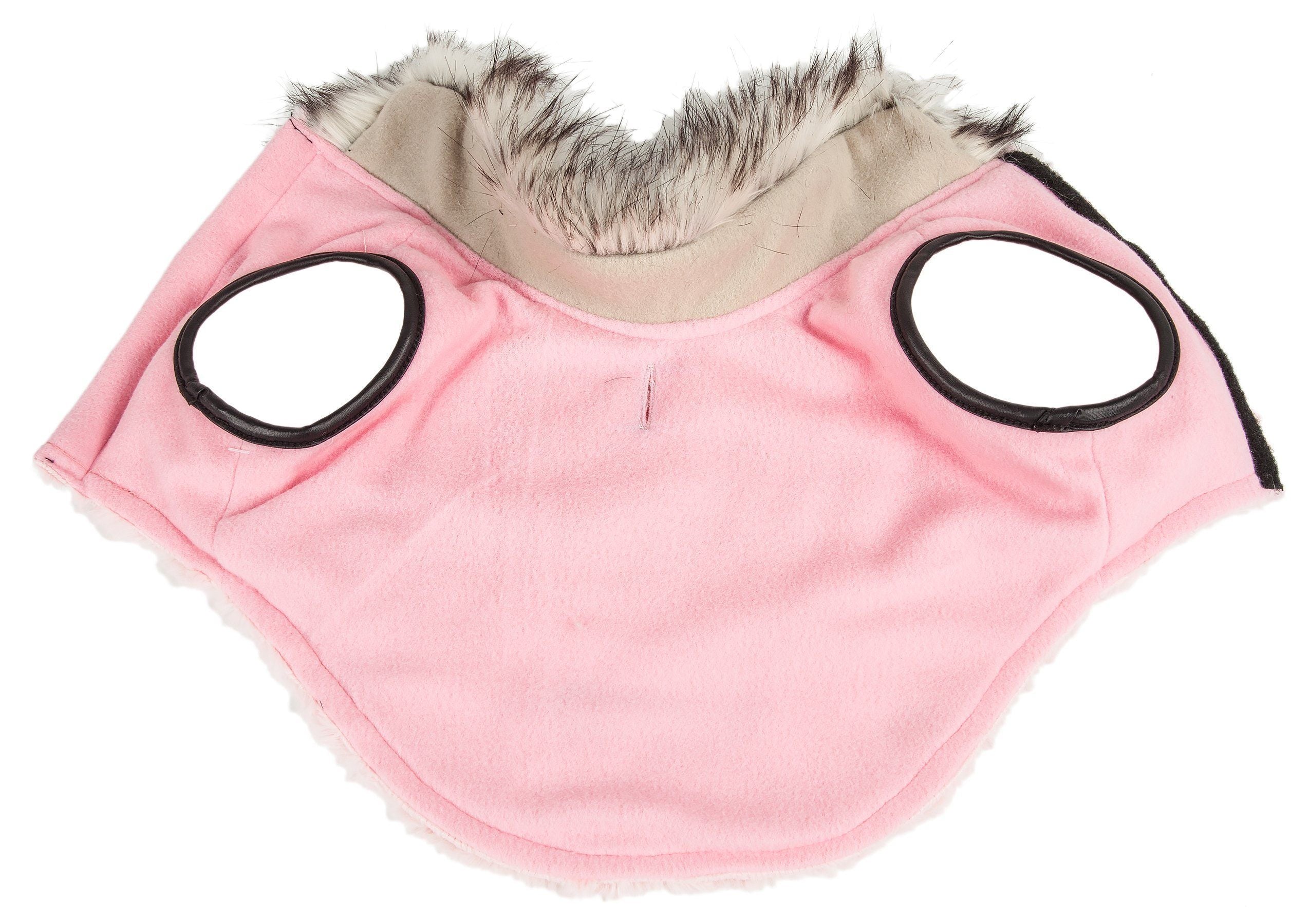 Pink dog poncho coat with two black-edged leg openings and beige inner lining