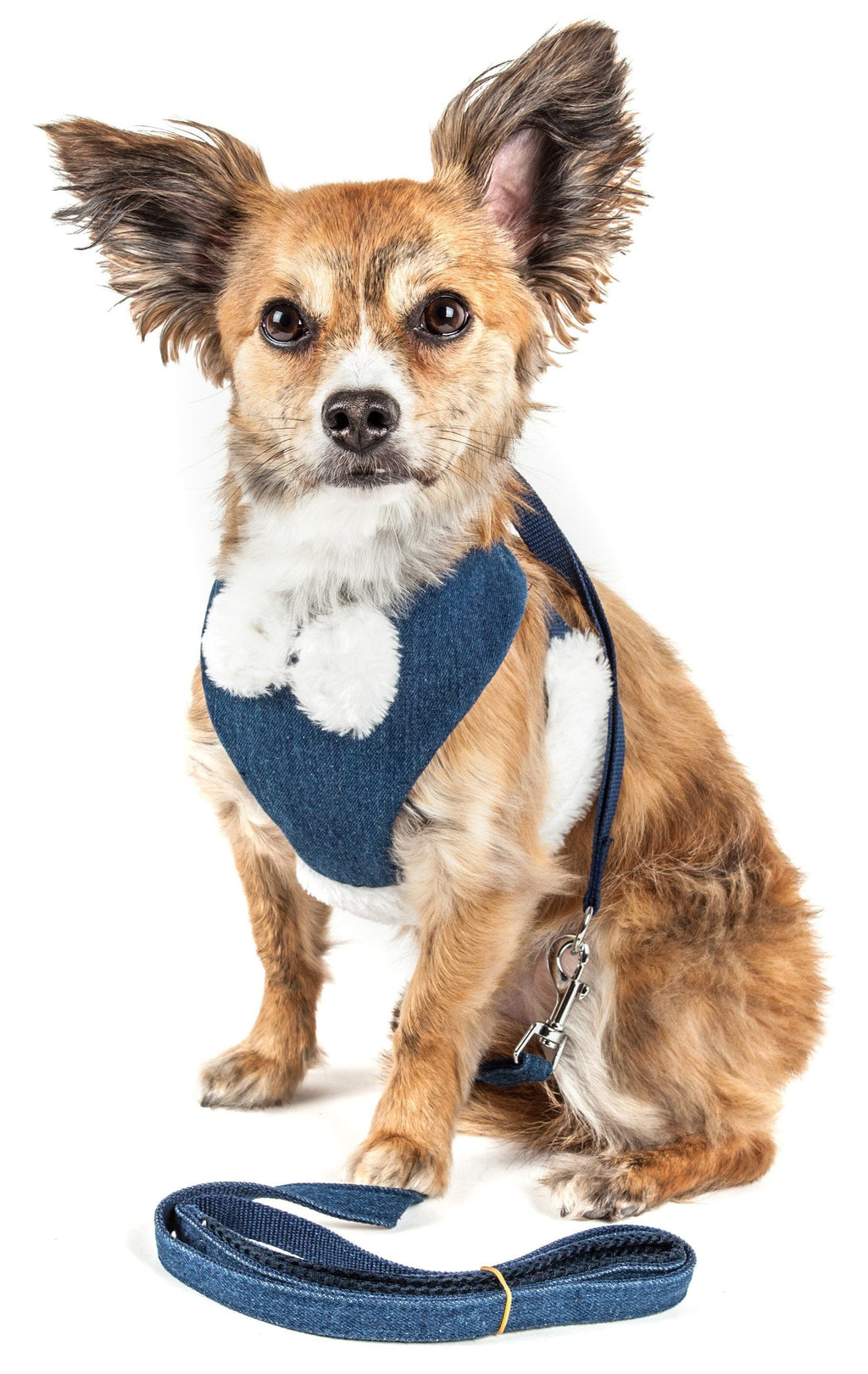 Adjustable denim-blue dog harness with white faux-fur trim and leash, front view
