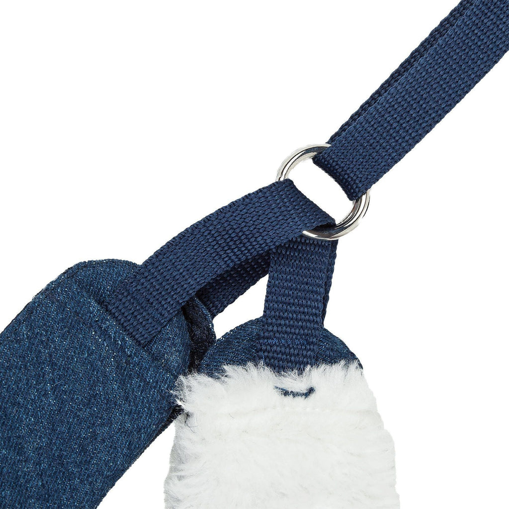 Denim fabric leash with metal rings and clips, white fur pom accents