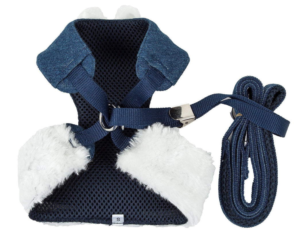 Harness front with black mesh backing, white faux-fur trim, and denim leash