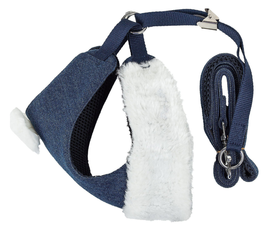 2-in-1 adjustable harness with white faux-fur front panel and denim leash loops