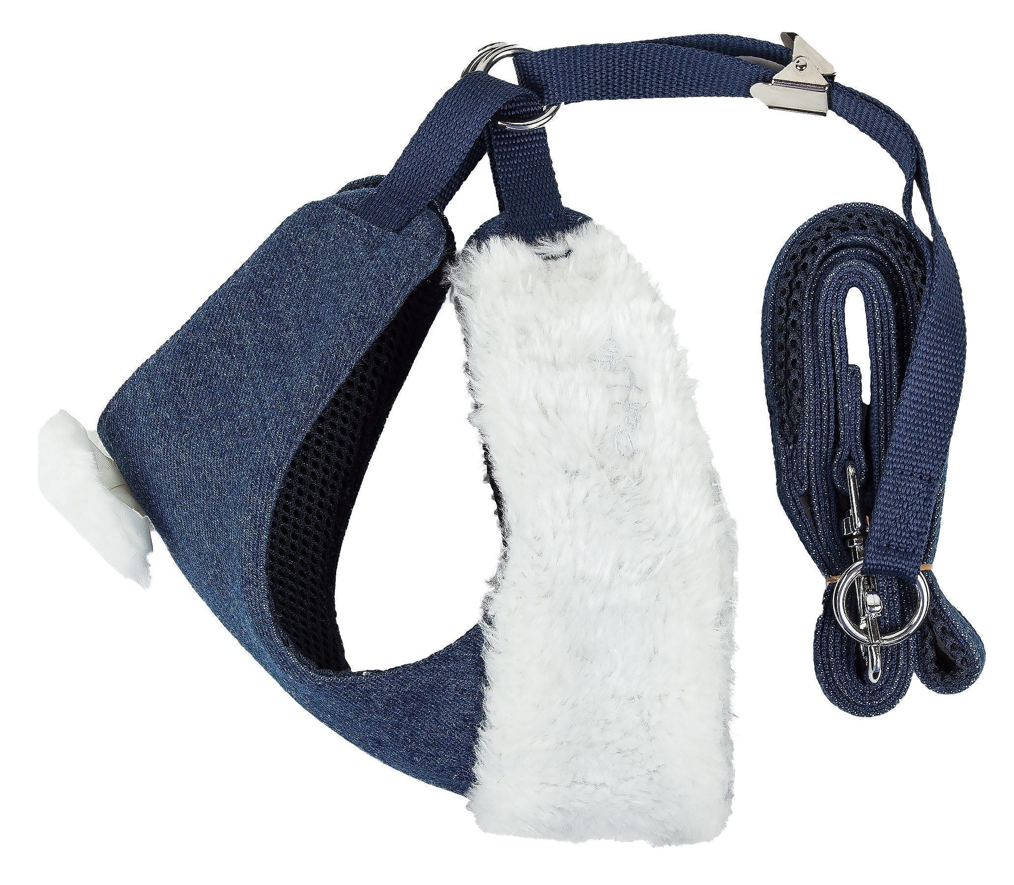 2-in-1 adjustable harness with white faux-fur front panel and denim leash loops