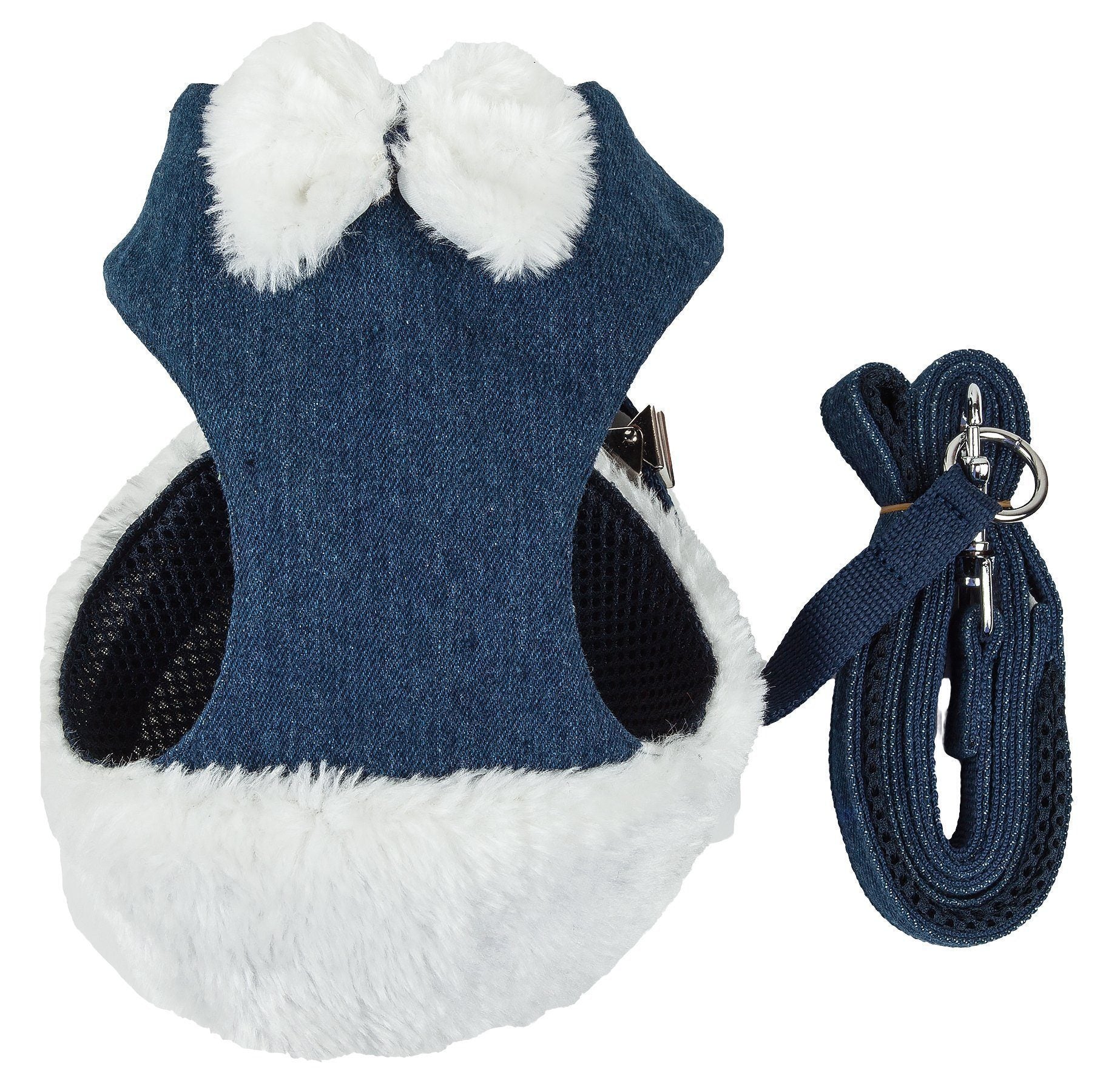Denim-blue dog harness with white faux-fur pom collar and matching leash set