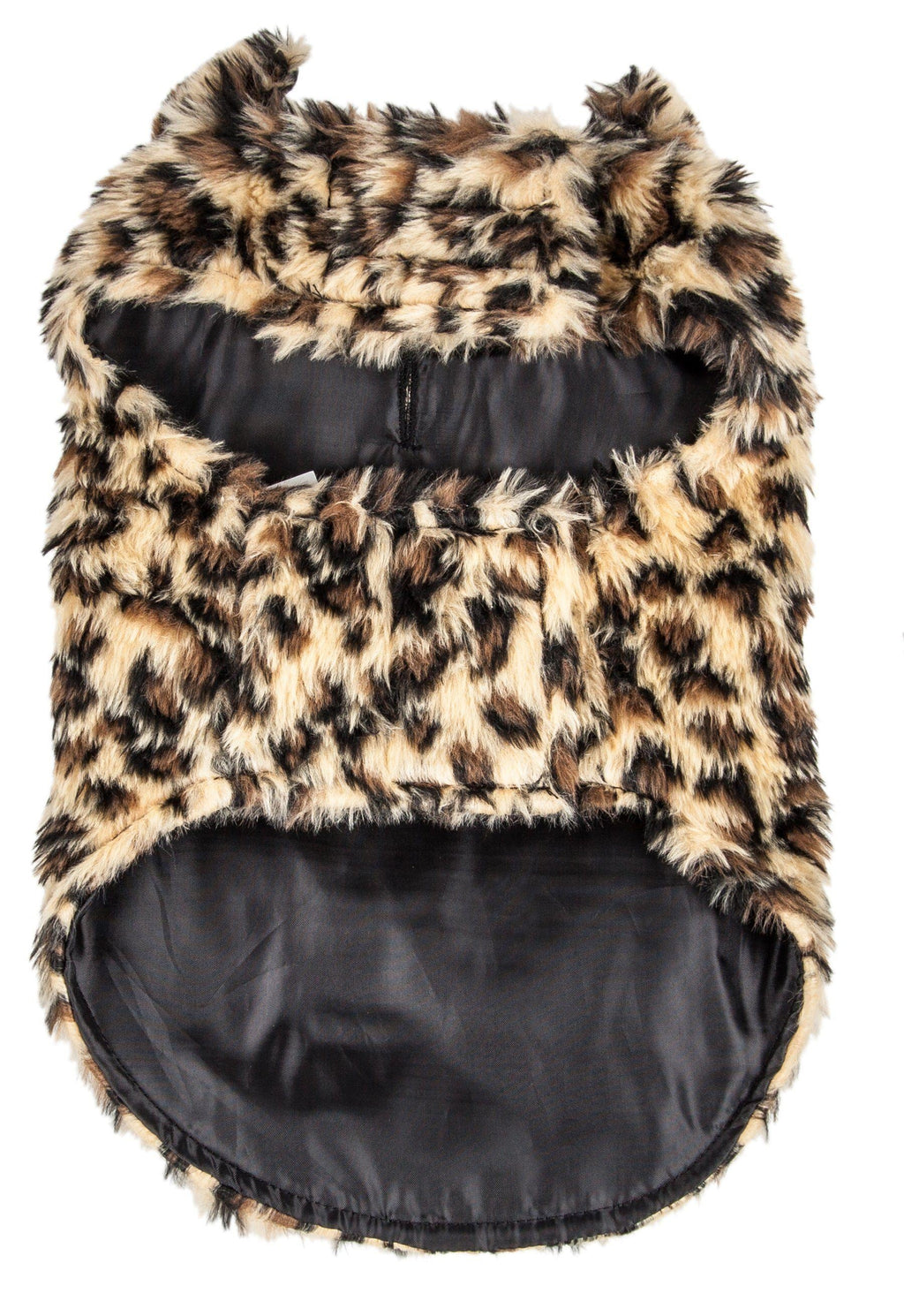 Inside view of cheetah-spotted dog coat with black satin-style liner