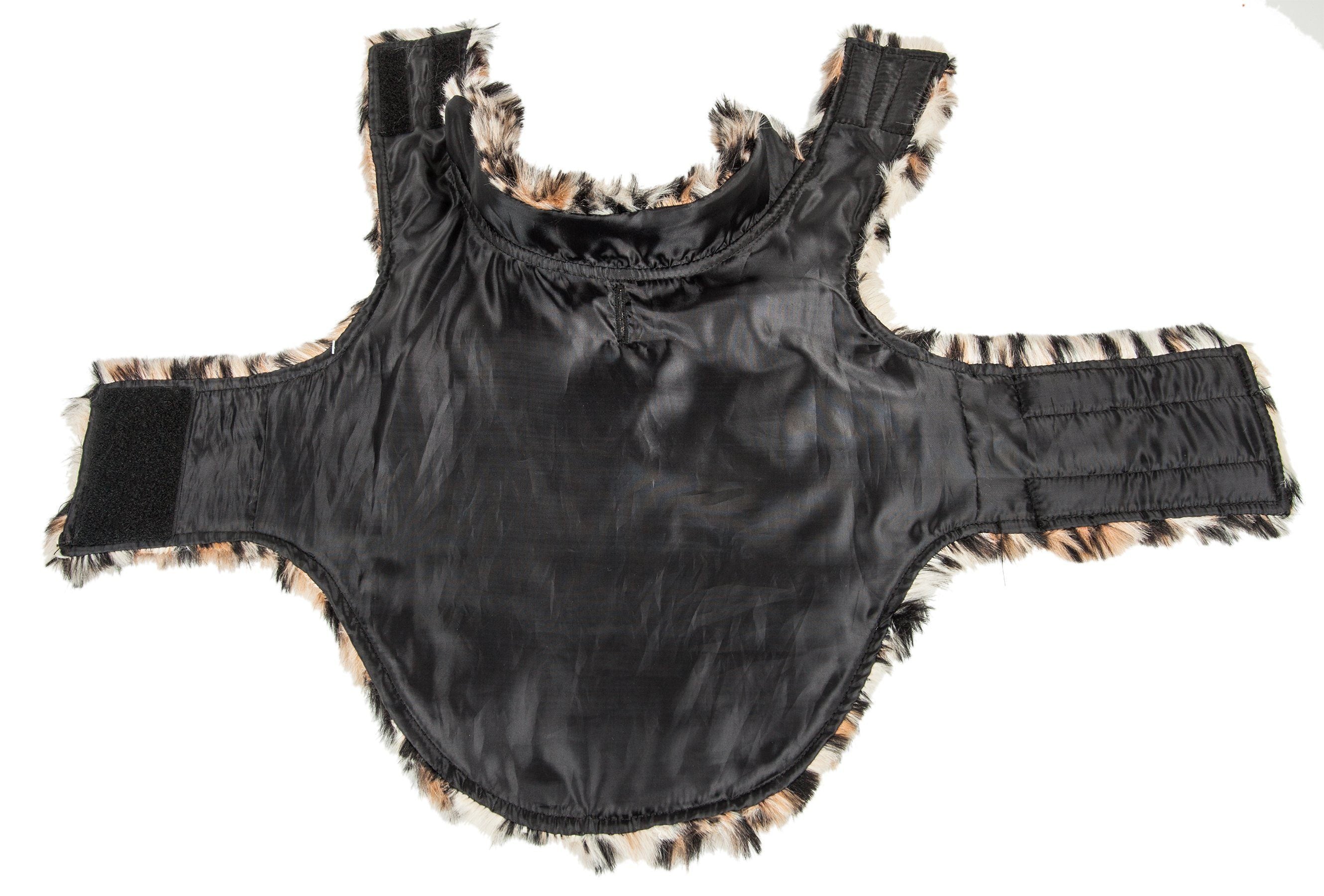 Black outer dog coat liner with faux-fur trimmed openings and side straps
