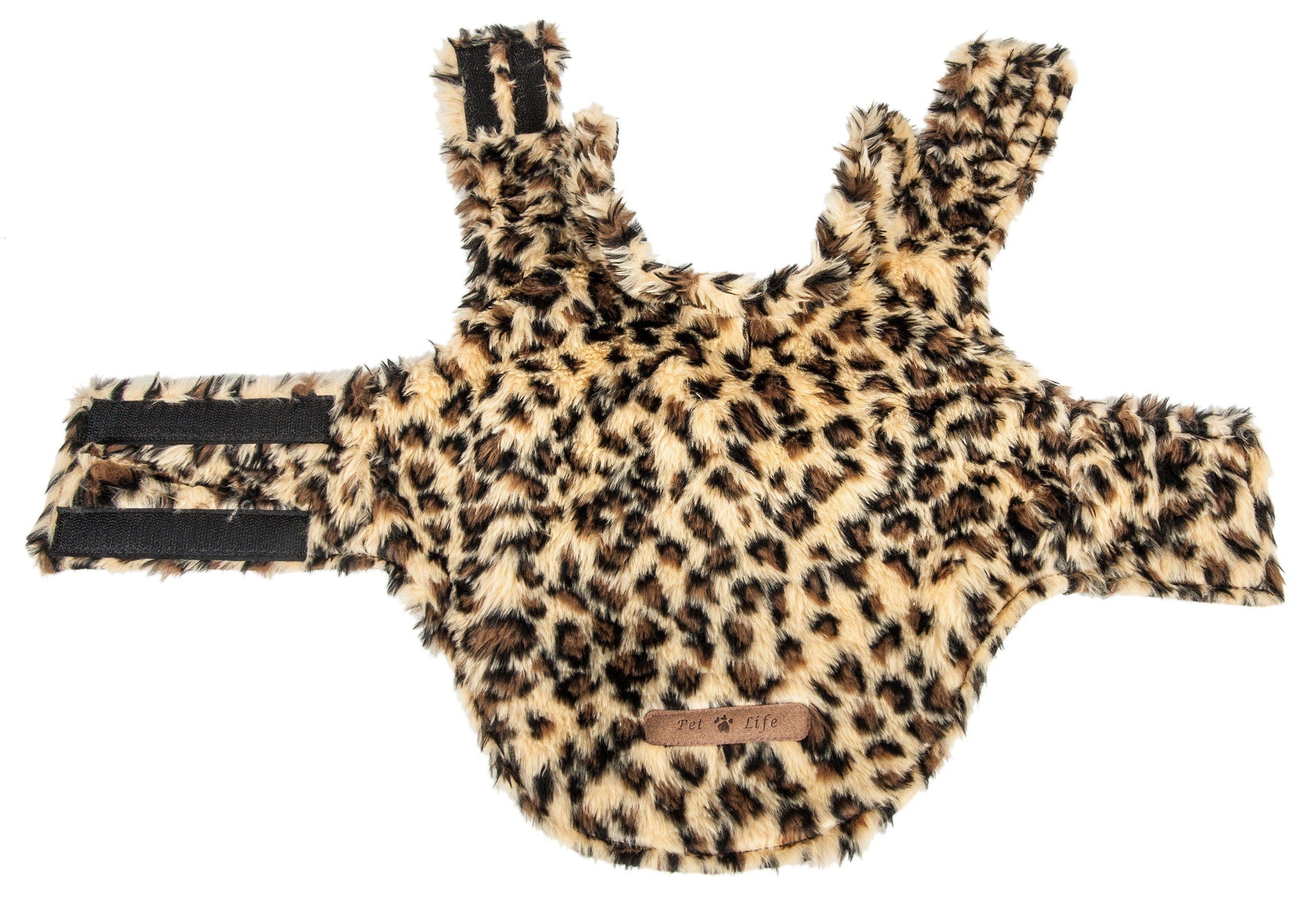 Cheetah-spotted dog coat with arm openings and side strap detail