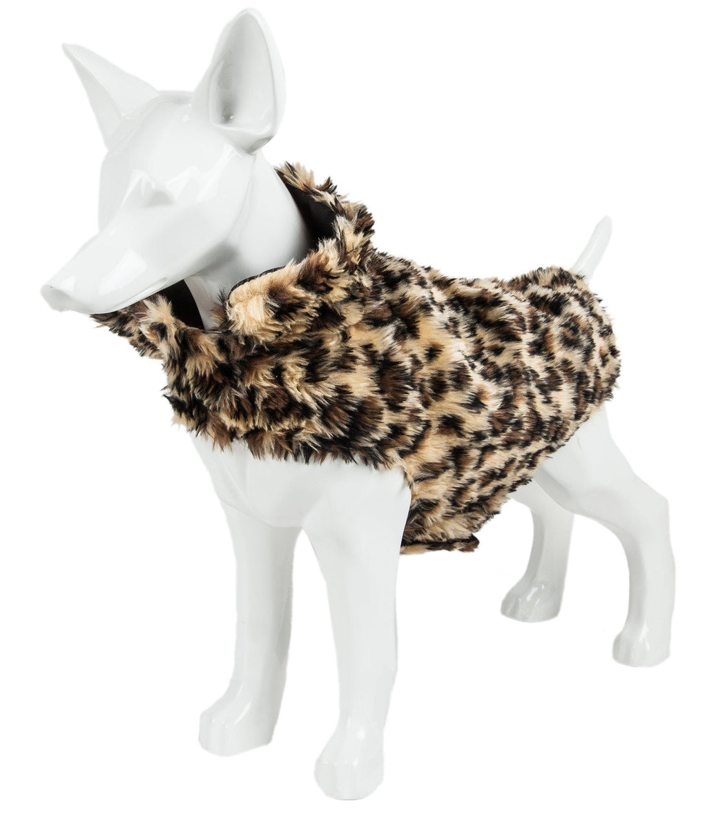 Cheetah-spotted fur dog coat with wide neck opening and sleeves on sides