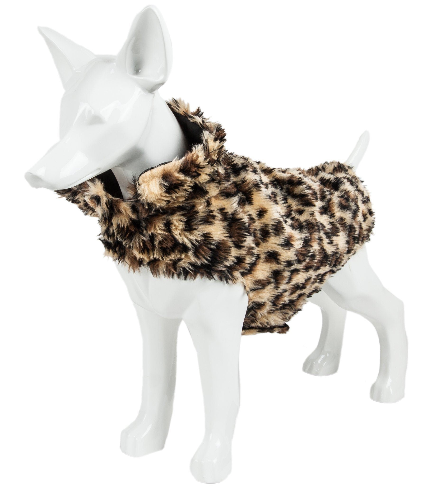 Cheetah-spotted fur dog coat with wide neck opening and sleeves on sides