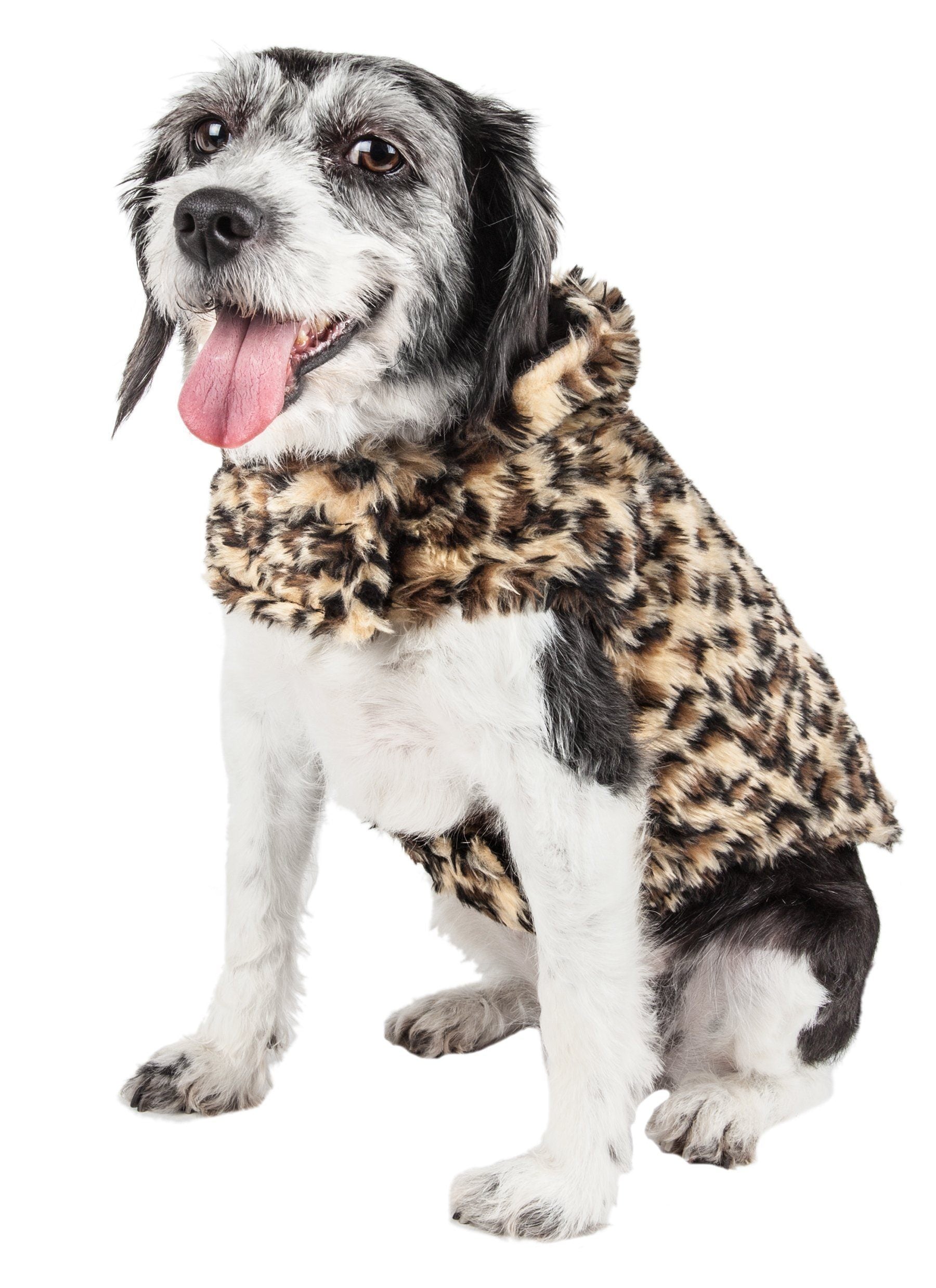 Cheetah-spotted fur dog coat with plush collar and front overlap styling
