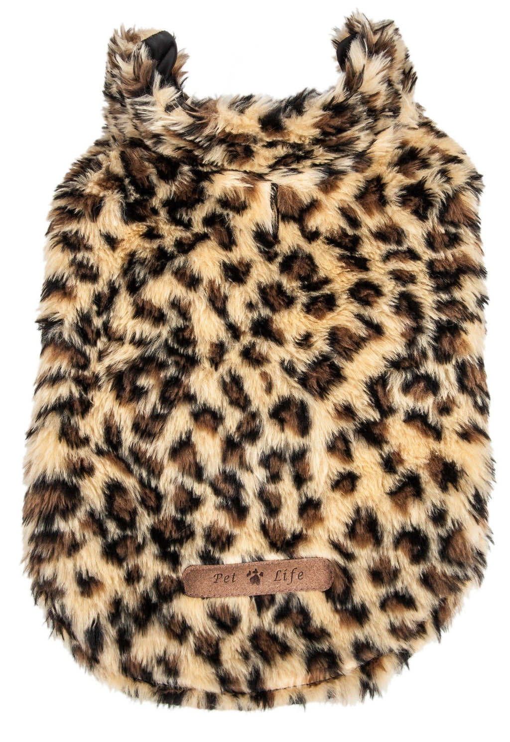 Close-up of cheetah-spotted dog coat fur with stitched hem and brand tag