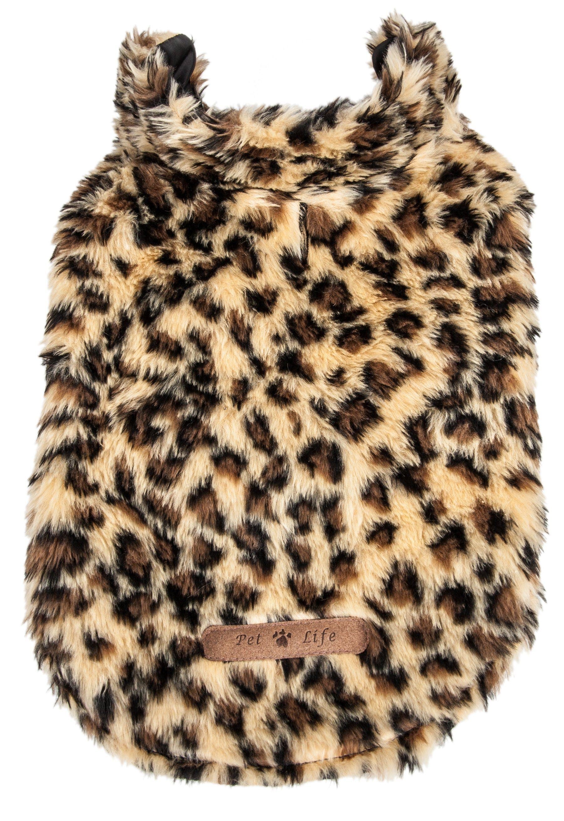 Close-up of cheetah-spotted dog coat fur with stitched hem and brand tag