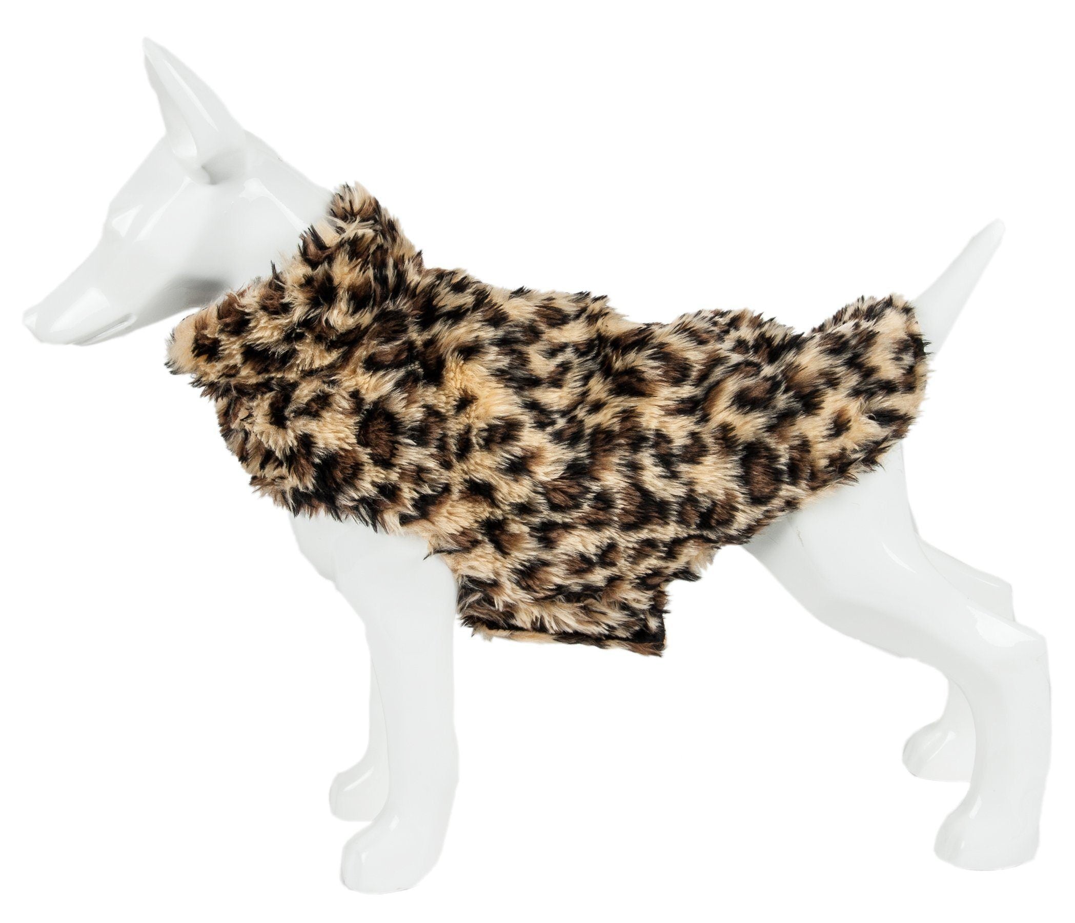 Cheetah-spotted dog coat viewed from side, showing full back panel coverage