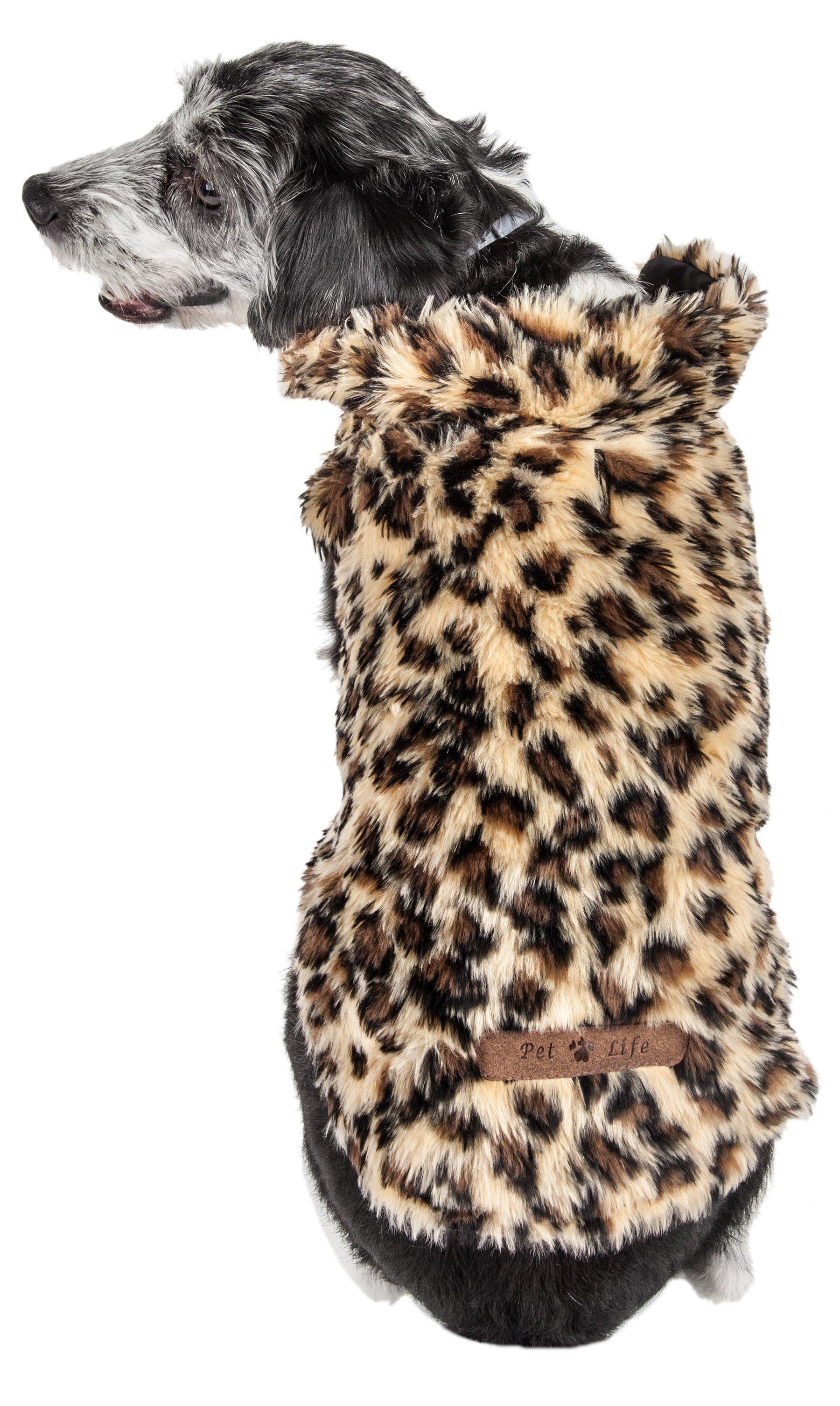 Cheetah-spotted fur dog coat with lower skirt coverage and trimmed edges