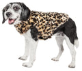 Designer dog coat with cheetah-spotted faux mink fur, draped over the torso