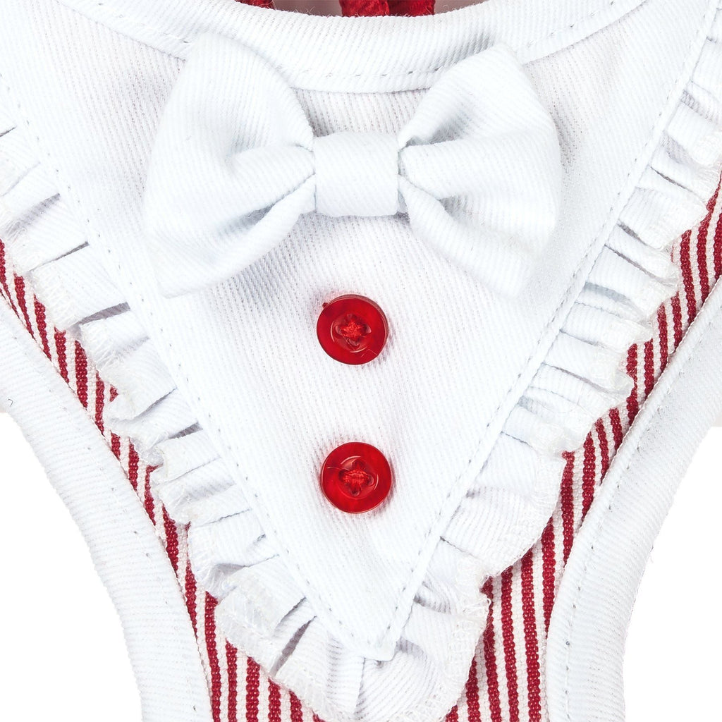 Red dog harness close-up of bow and two red buttons with red stripe trim