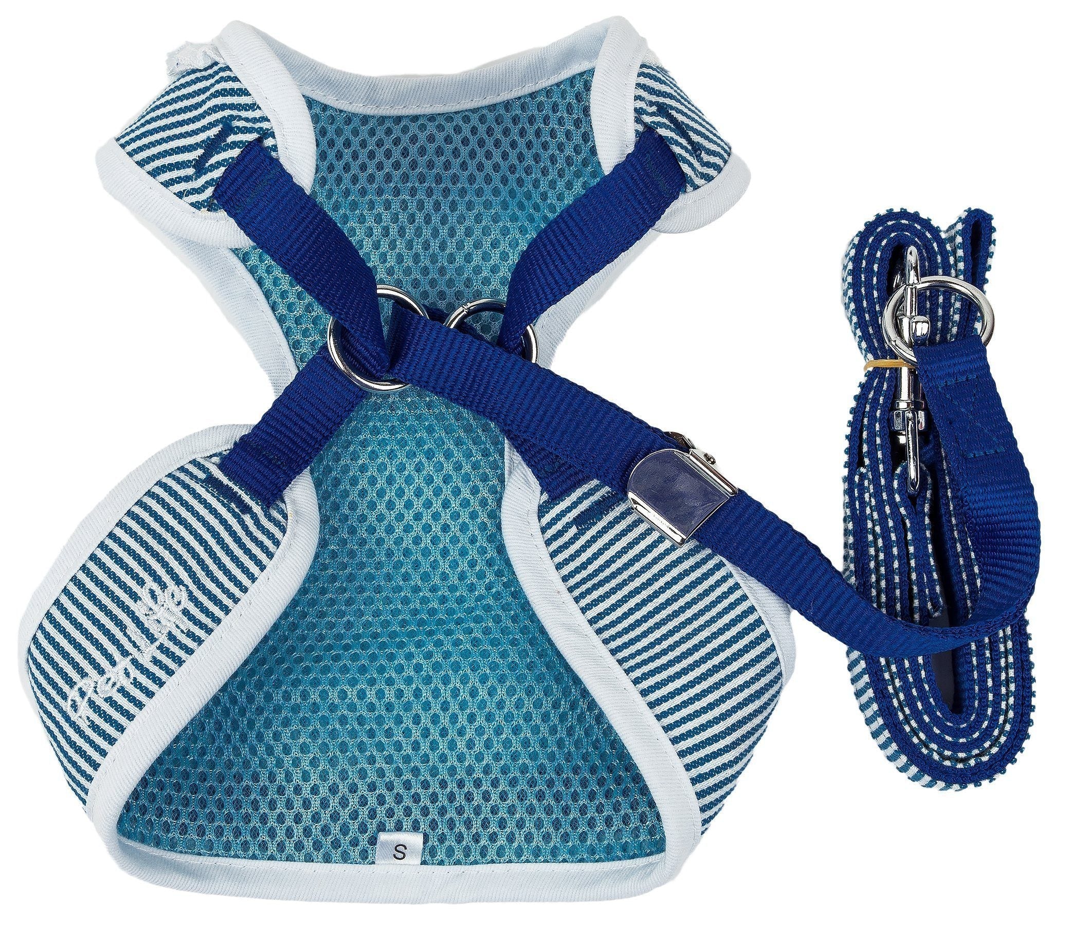 Teal-and-blue mesh dog harness with X-back straps and matching leash