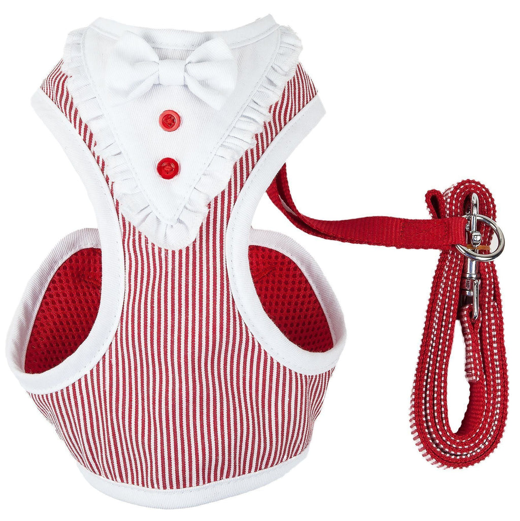 Red striped dog harness with bow detail and matching leash, set only