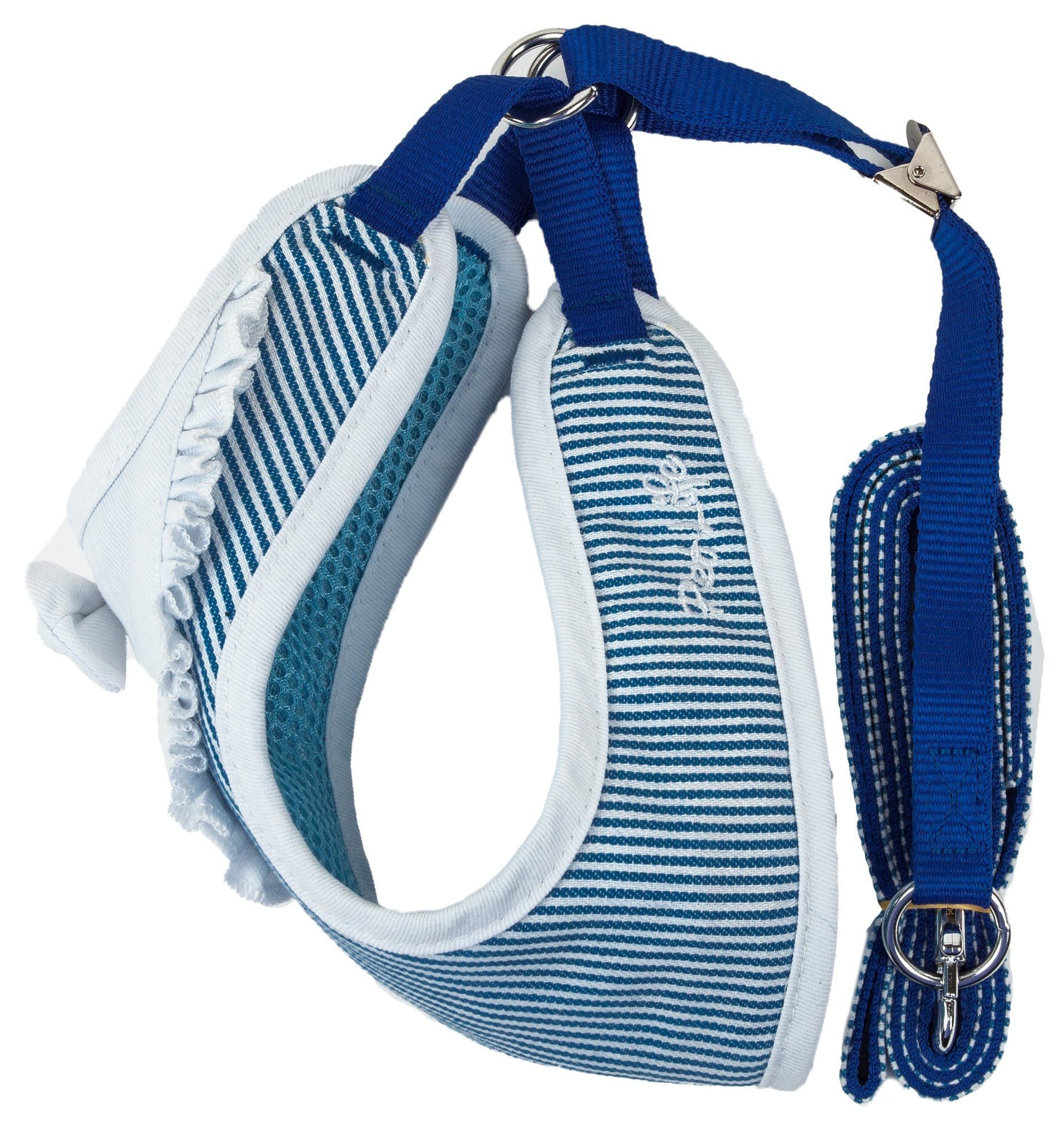 Blue and white striped dog harness with leash, adjustable straps and metal rings