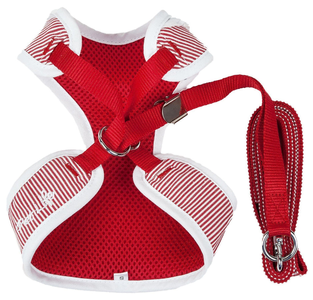 Red-and-white striped dog harness with cross straps and matching leash