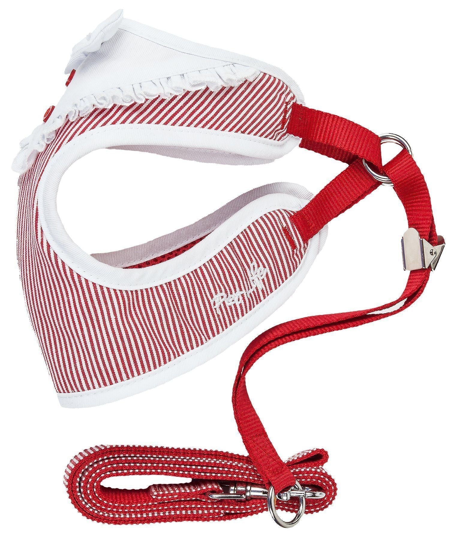 Red and white striped dog harness with matching leash, adjustable straps and metal rings