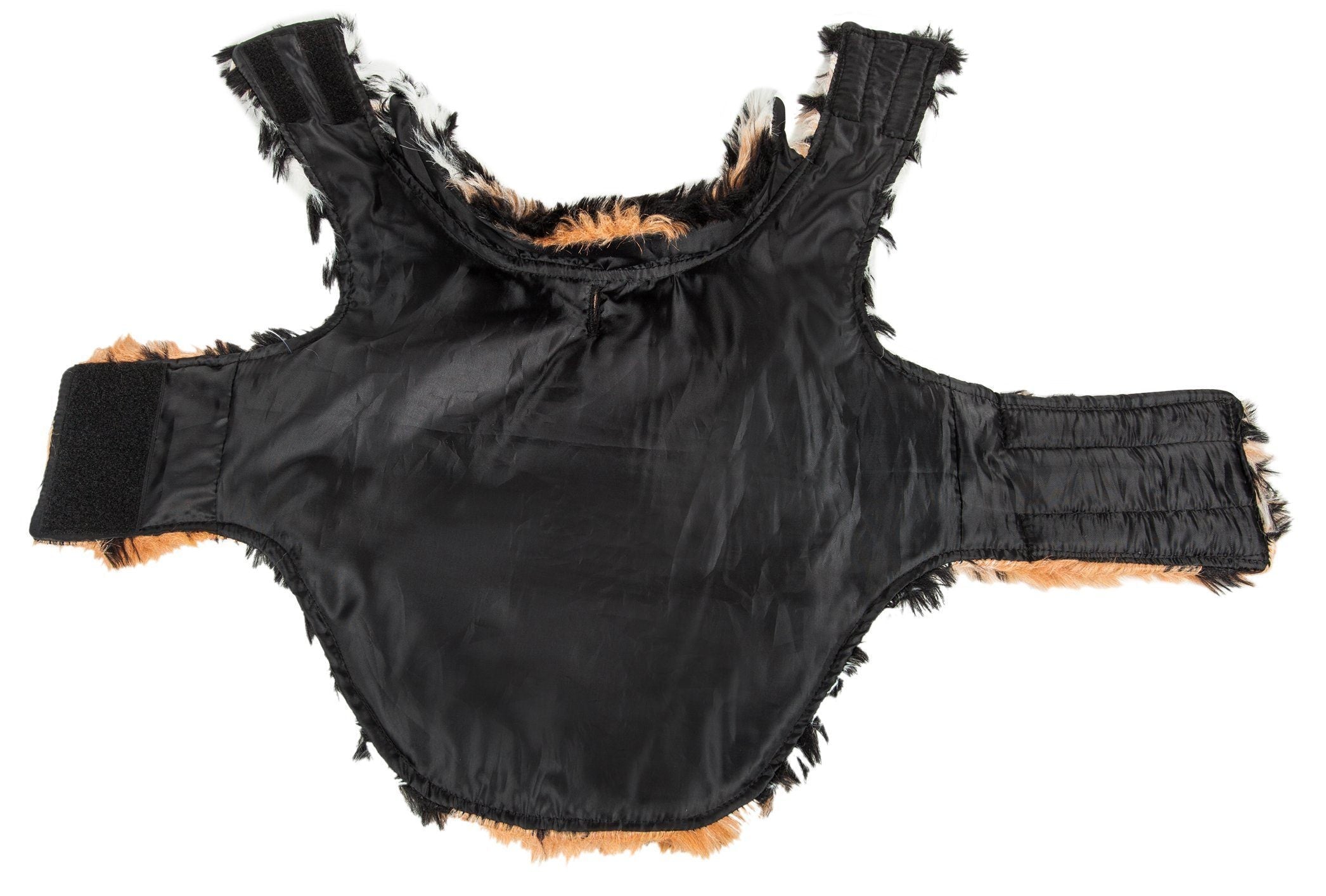 Black fabric backing of tiger-pattern mink fur dog jacket, front opening view