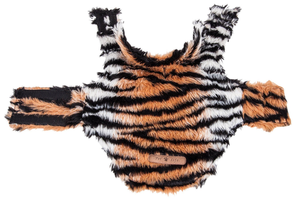 Tiger-striped mink fur dog jacket laid flat on white background, front view