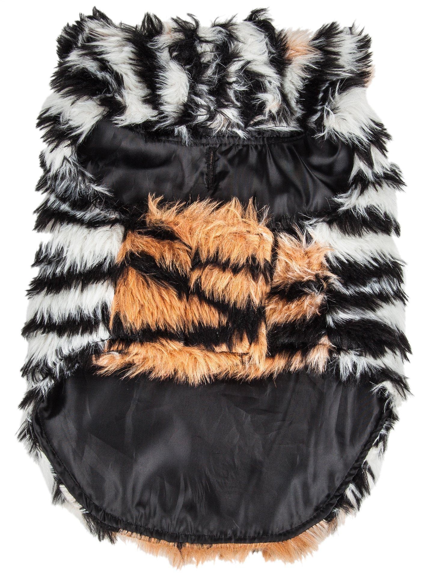 Tiger-pattern mink fur dog jacket, front view with black lining and striped trim