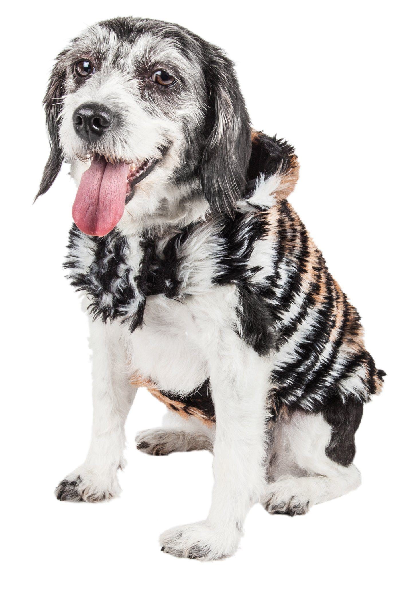 Tiger-pattern mink fur dog jacket on dog, seated front view
