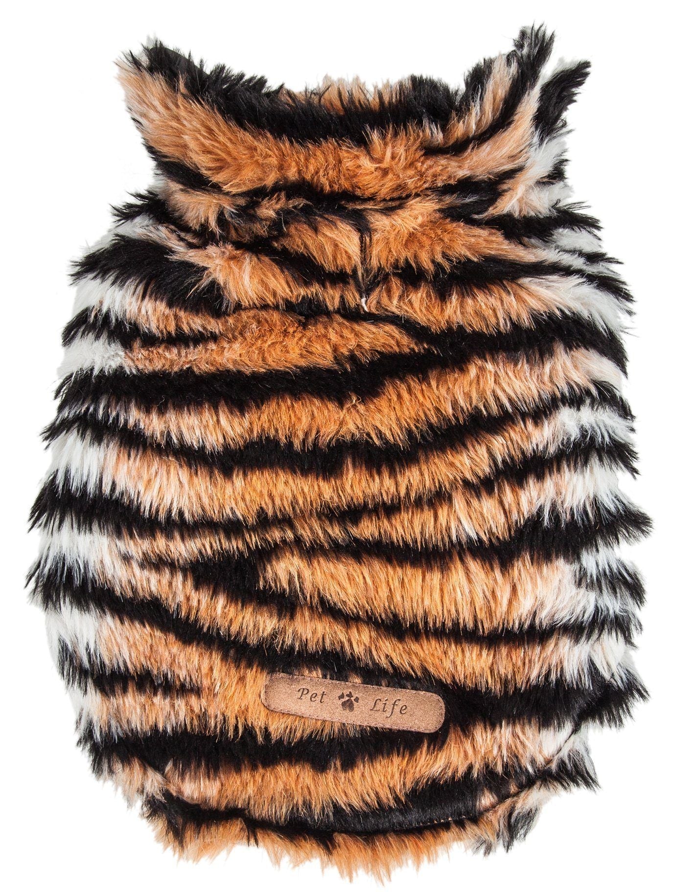 Tiger-pattern mink fur dog jacket close-up, striped fur with collar detail