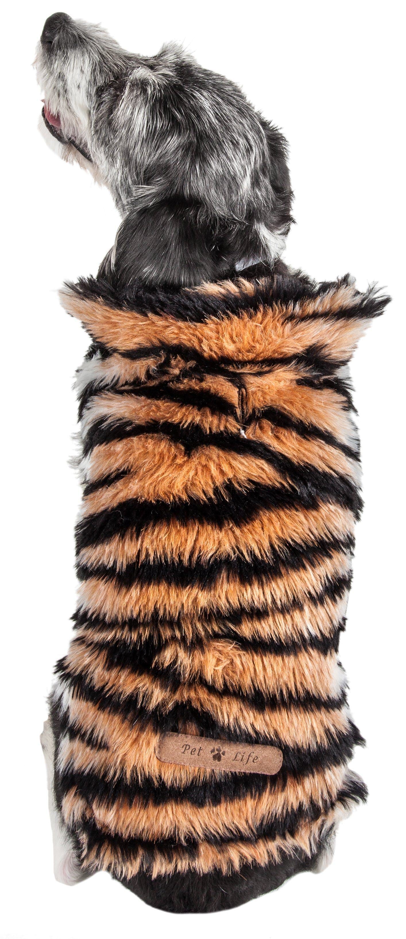 Tiger-striped mink fur dog jacket on dog, side/back view with striped hood