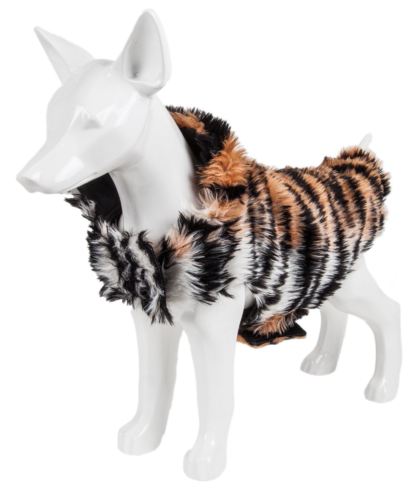 Tiger-pattern mink fur dog jacket on white mannequin, side view