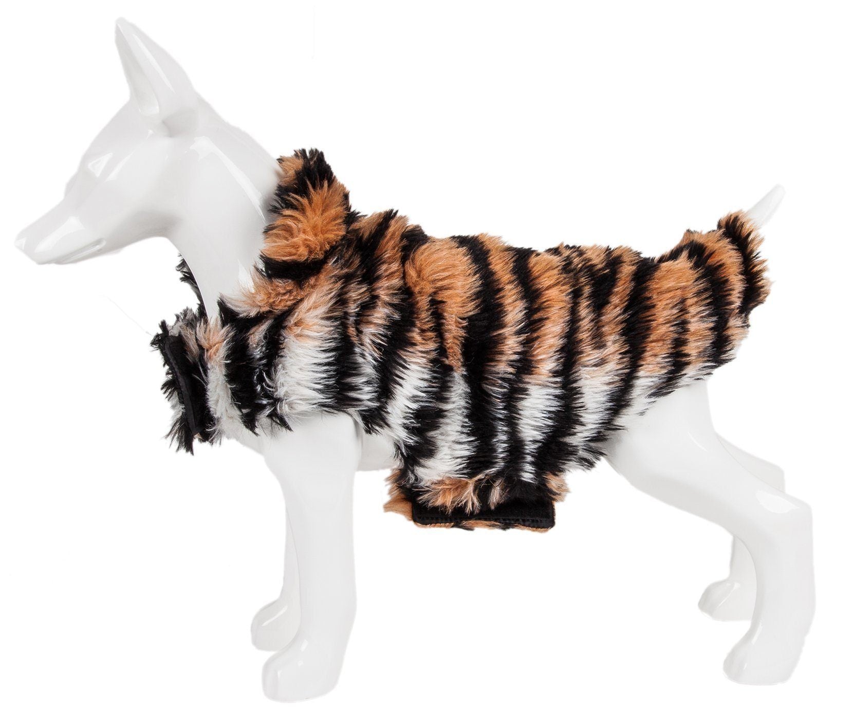 Tiger-striped mink fur dog jacket on white mannequin, rear side view