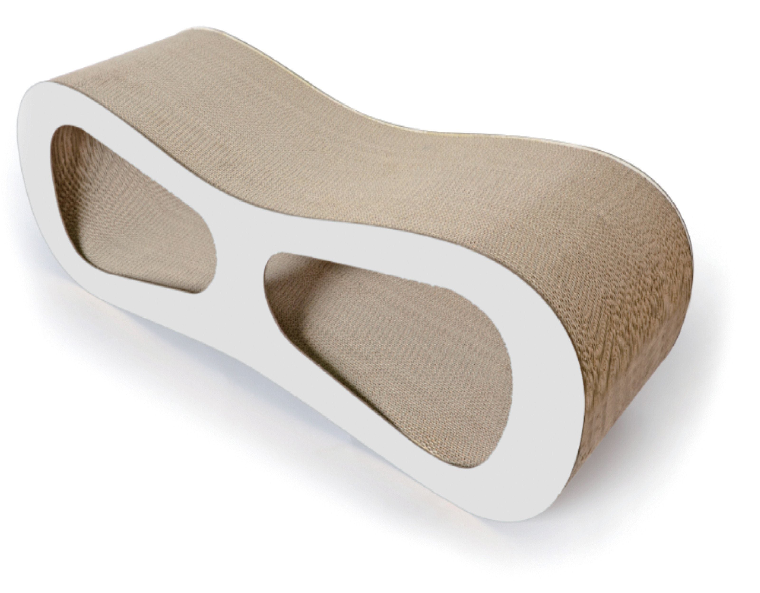 White cat scratcher lounger with beige top and white curved cutout tunnels