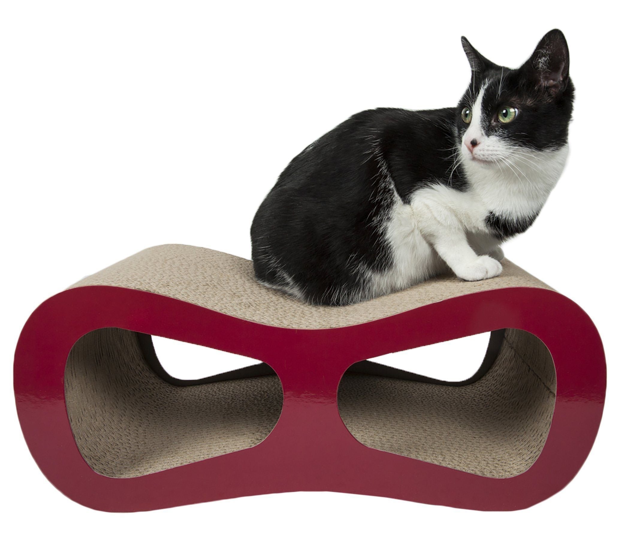 Red designer cat scratcher lounger with beige top and cat resting on it