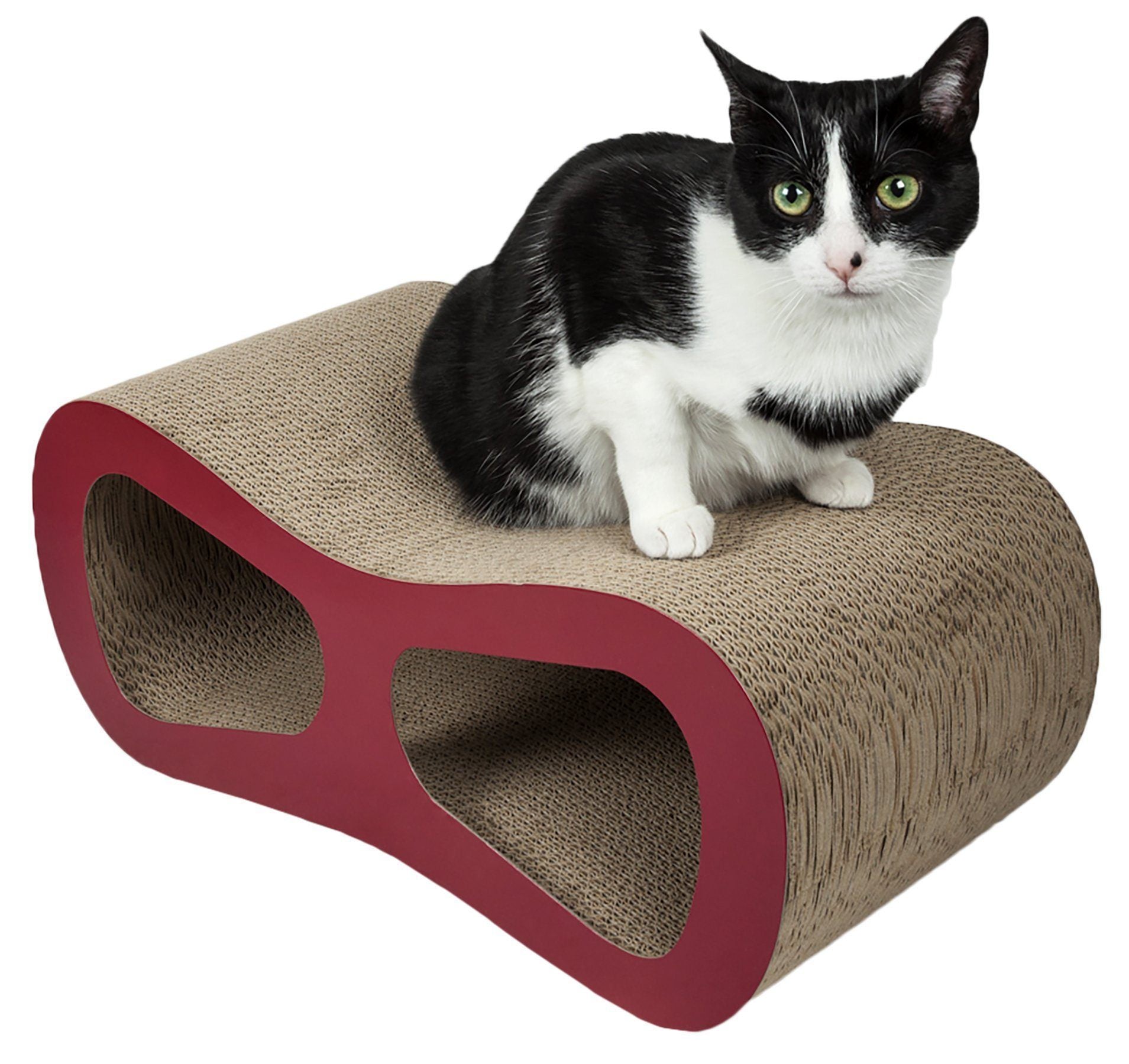 Red cat scratcher lounger with beige curved tunnel sides and resting cat