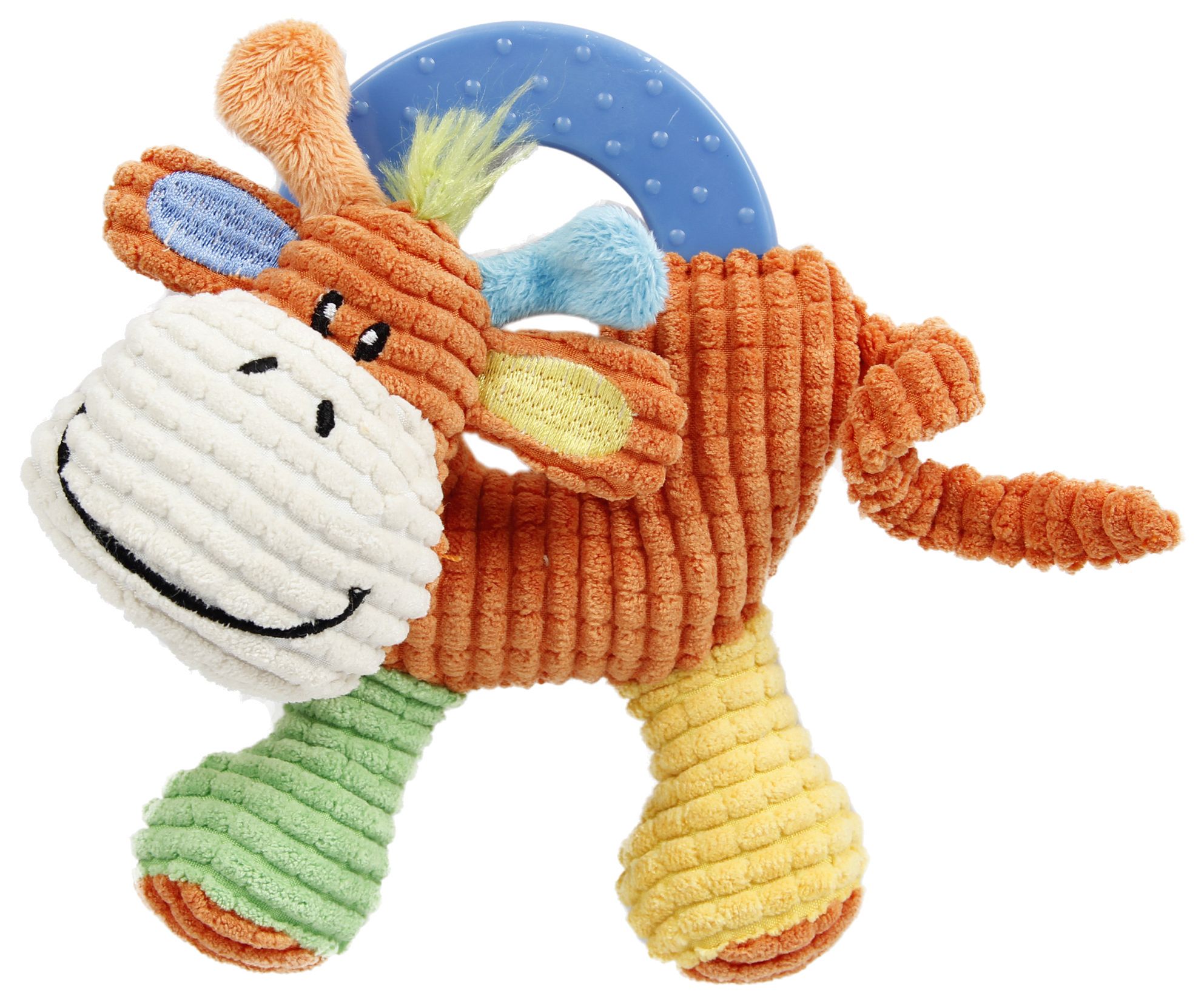 Plush squeaking puppy teething toy with blue rubber ring, orange and green accents