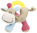 Plush squeaking puppy teething toy with yellow rubber ring, pink and blue accents